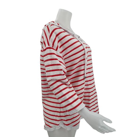 Anthropologie Sunday Orange White Striped Hooded Athletic Long Sleeve Top 1X - Picture 3 of 7